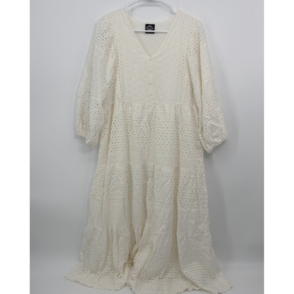 Cal Style White Eyelet Lace Peasant Midi Dress Size Medium Boho Western